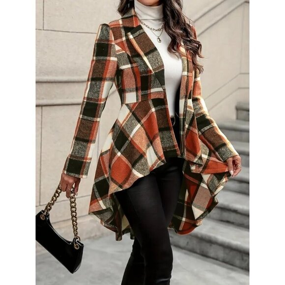 Elegant Plaid Pattern Open Front Jacket - Peplum Hem - Picture 2 of 3